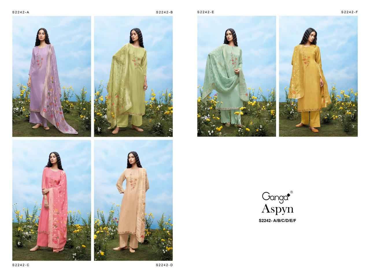 Aspyn-2242 By Ganga Fashion 2242-A To 2242-F Series Beautiful Festive Suits Colorful Stylish Fancy Casual Wear & Ethnic Wear Organza Embroidered Dresses At Wholesale Price