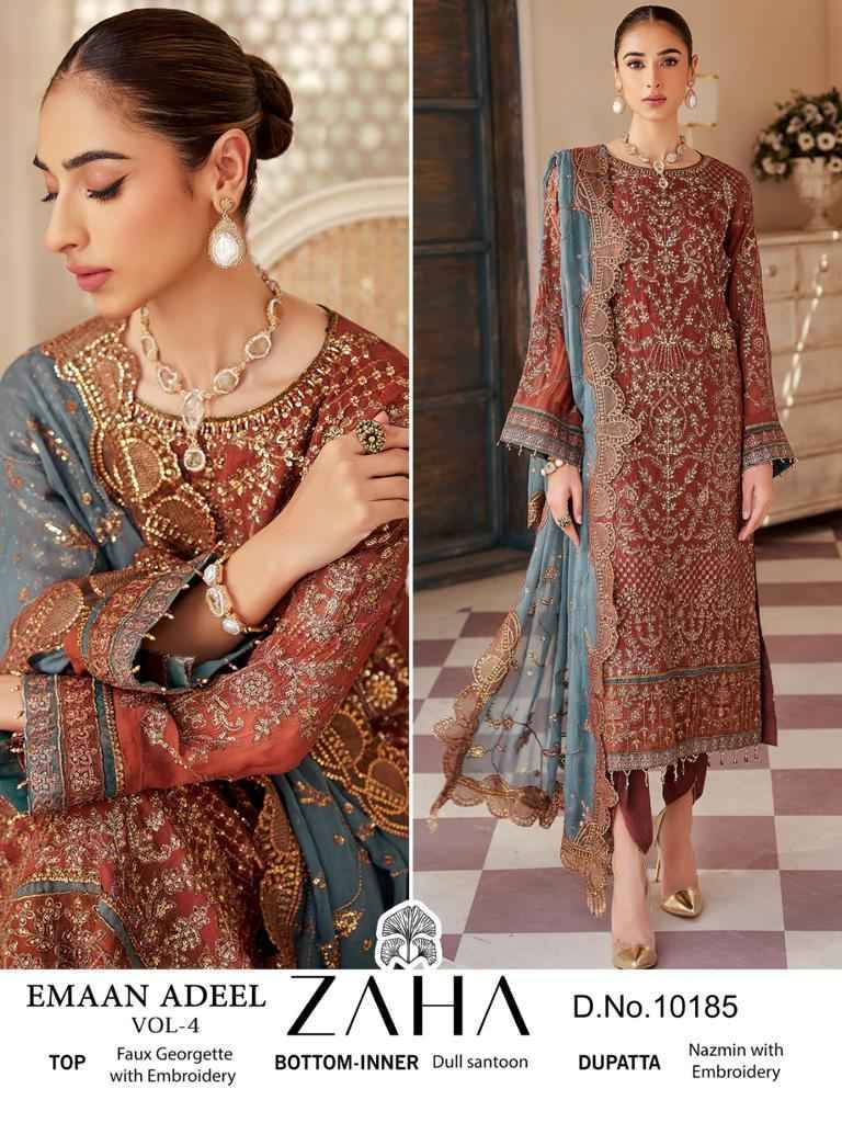 Emaan Adeel Vol-4 By Zaha 10185 To 10187 Series Beautiful Pakistani Suits Colorful Stylish Fancy Casual Wear & Ethnic Wear Faux Georgette With Embroidered Dresses At Wholesale Price