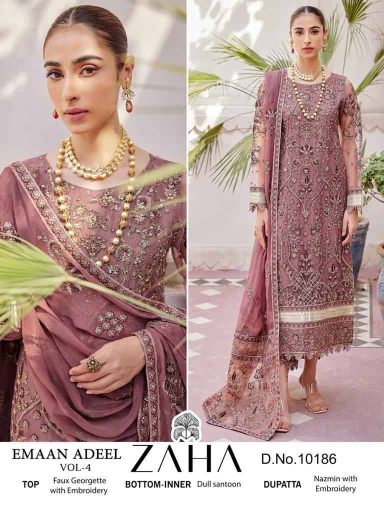 Emaan Adeel Vol-4 By Zaha 10185 To 10187 Series Beautiful Pakistani Suits Colorful Stylish Fancy Casual Wear & Ethnic Wear Faux Georgette With Embroidered Dresses At Wholesale Price