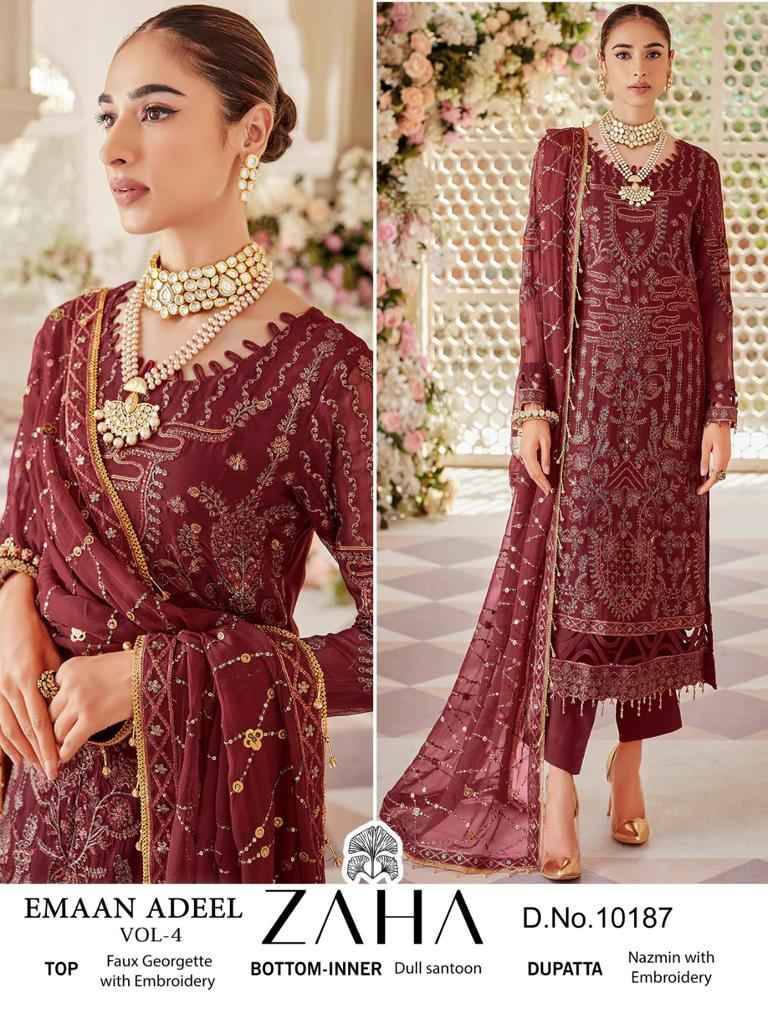 Emaan Adeel Vol-4 By Zaha 10185 To 10187 Series Beautiful Pakistani Suits Colorful Stylish Fancy Casual Wear & Ethnic Wear Faux Georgette With Embroidered Dresses At Wholesale Price