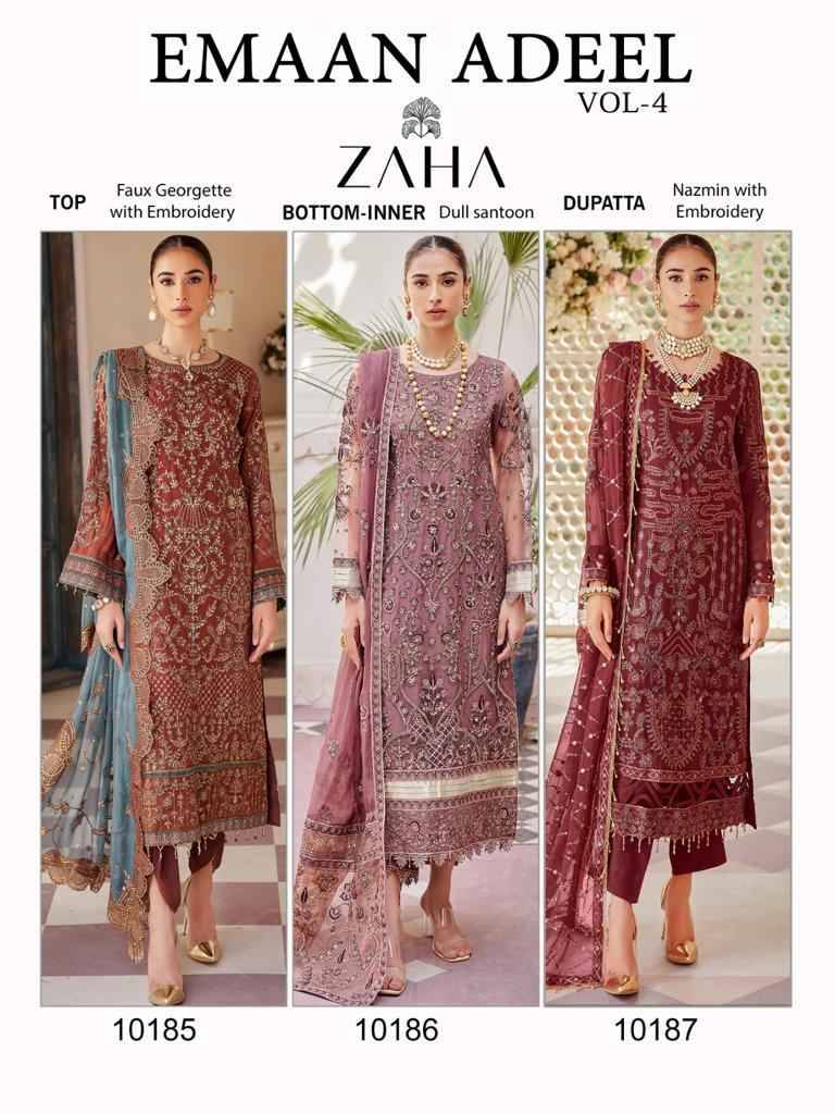 Emaan Adeel Vol-4 By Zaha 10185 To 10187 Series Beautiful Pakistani Suits Colorful Stylish Fancy Casual Wear & Ethnic Wear Faux Georgette With Embroidered Dresses At Wholesale Price