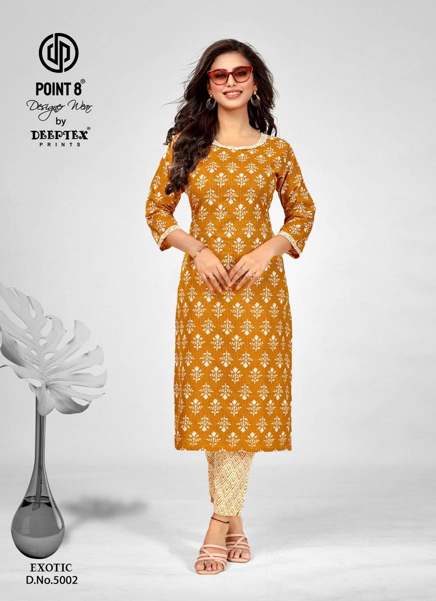 Exotic Vol-5 By Deeptex 5001 To 5008 Series Designer Stylish Fancy Colorful Beautiful Party Wear & Ethnic Wear Collection Cotton Print Kurtis With Pants At Wholesale Price