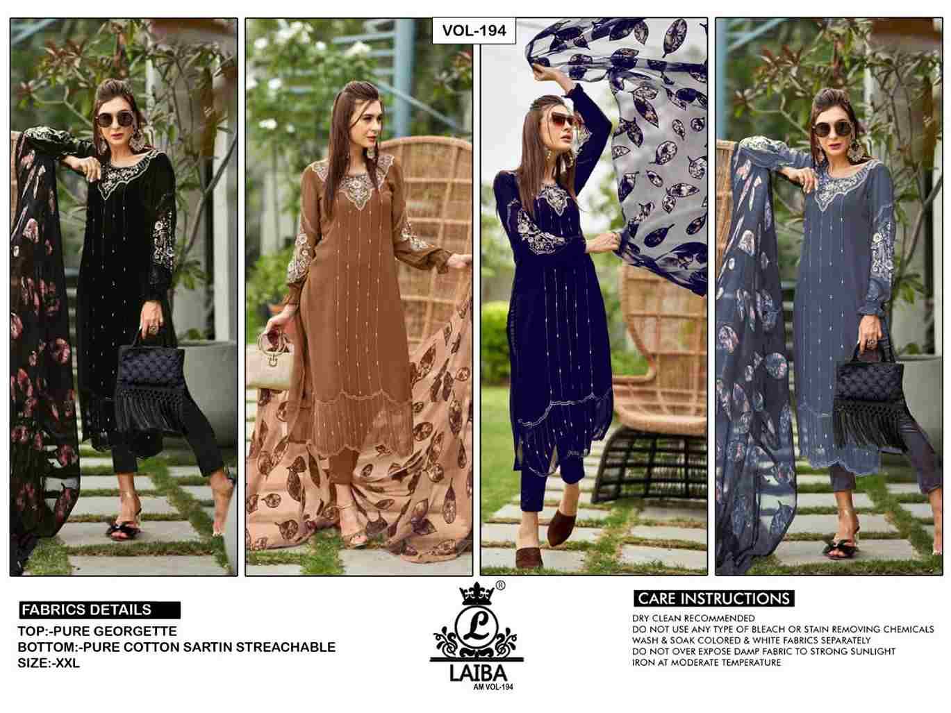 AM Vol-194 By Laiba 194-A To 194-D Series Beautiful Pakistani Suits Colorful Stylish Fancy Casual Wear & Ethnic Wear Pure Georgette Embroidered Dresses At Wholesale Price