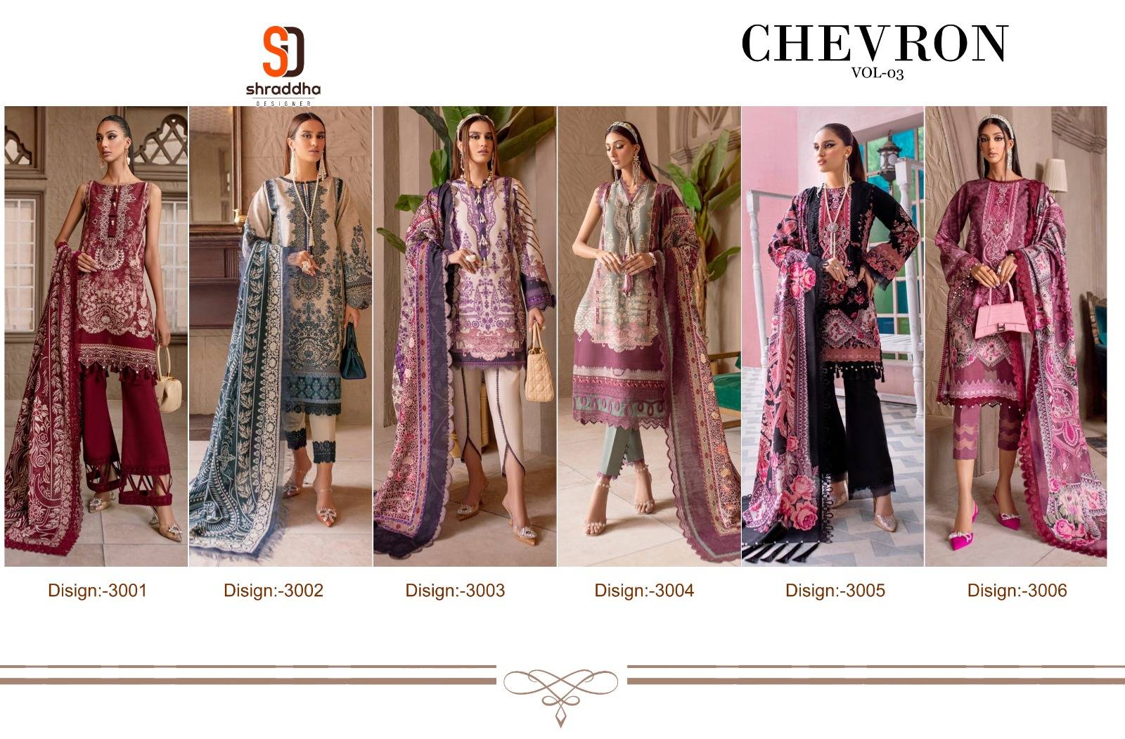 Chevron Vol-3 By Shraddha Designer 3001 To 3006 Series Beautiful Pakistani Suits Stylish Fancy Colorful Party Wear & Occasional Wear Lawn Cotton Print Embroidered Dresses At Wholesale Price