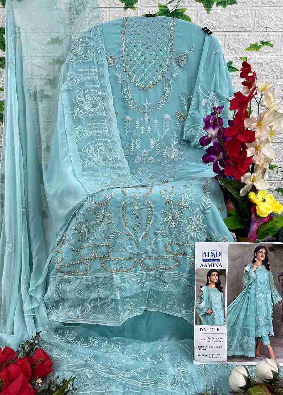 Aamina By MSD Fashion 114-A To 114-D Series Beautiful Pakistani Suits Colorful Stylish Fancy Casual Wear & Ethnic Wear Faux Georgette Embroidered Dresses At Wholesale Price