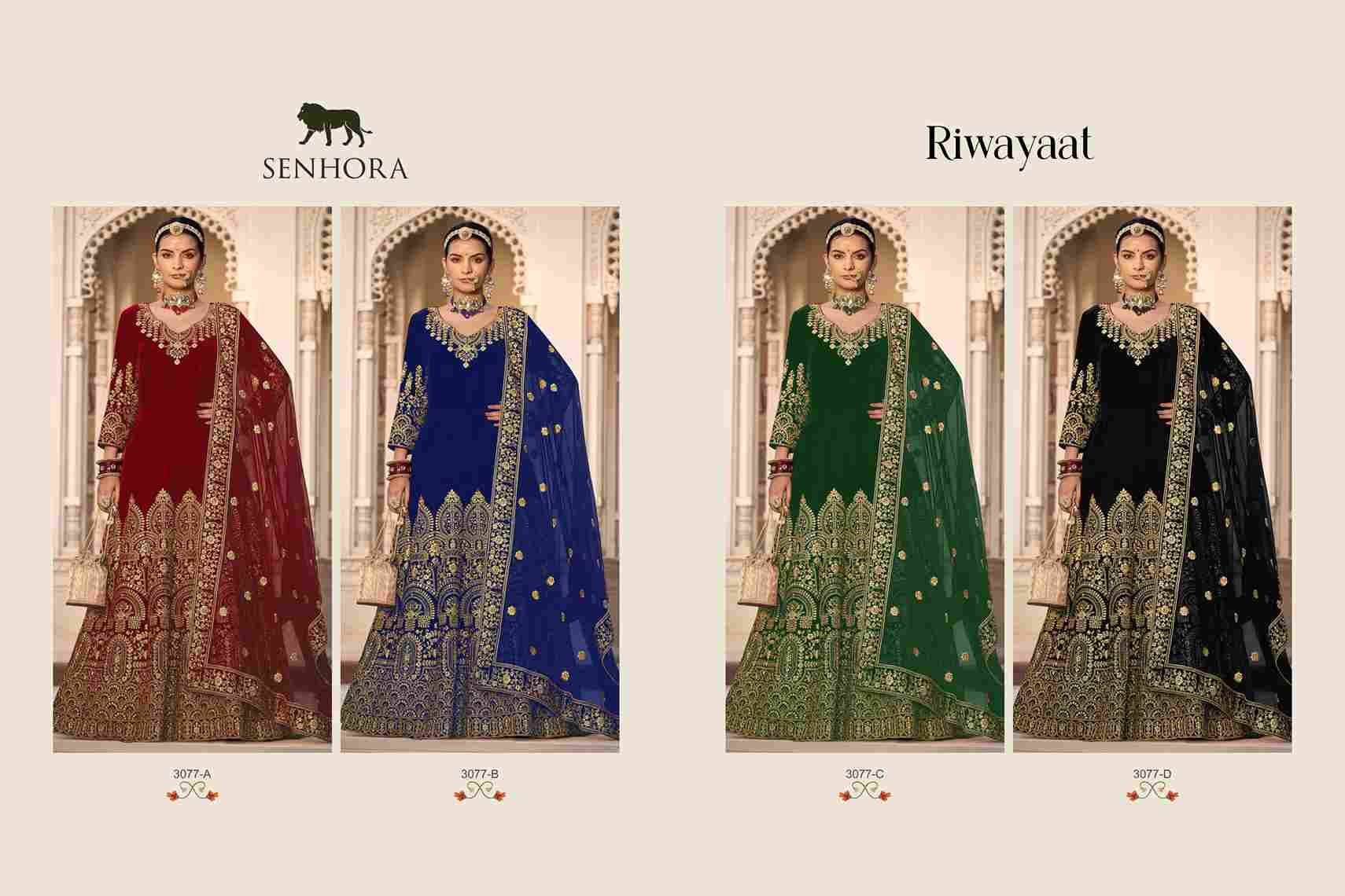 Riwayat By Senhora Dresses 3077-A To 3077-D Series Designer Anarkali Suits Collection Beautiful Stylish Fancy Colorful Party Wear & Occasional Wear Velvet Dresses At Wholesale Price