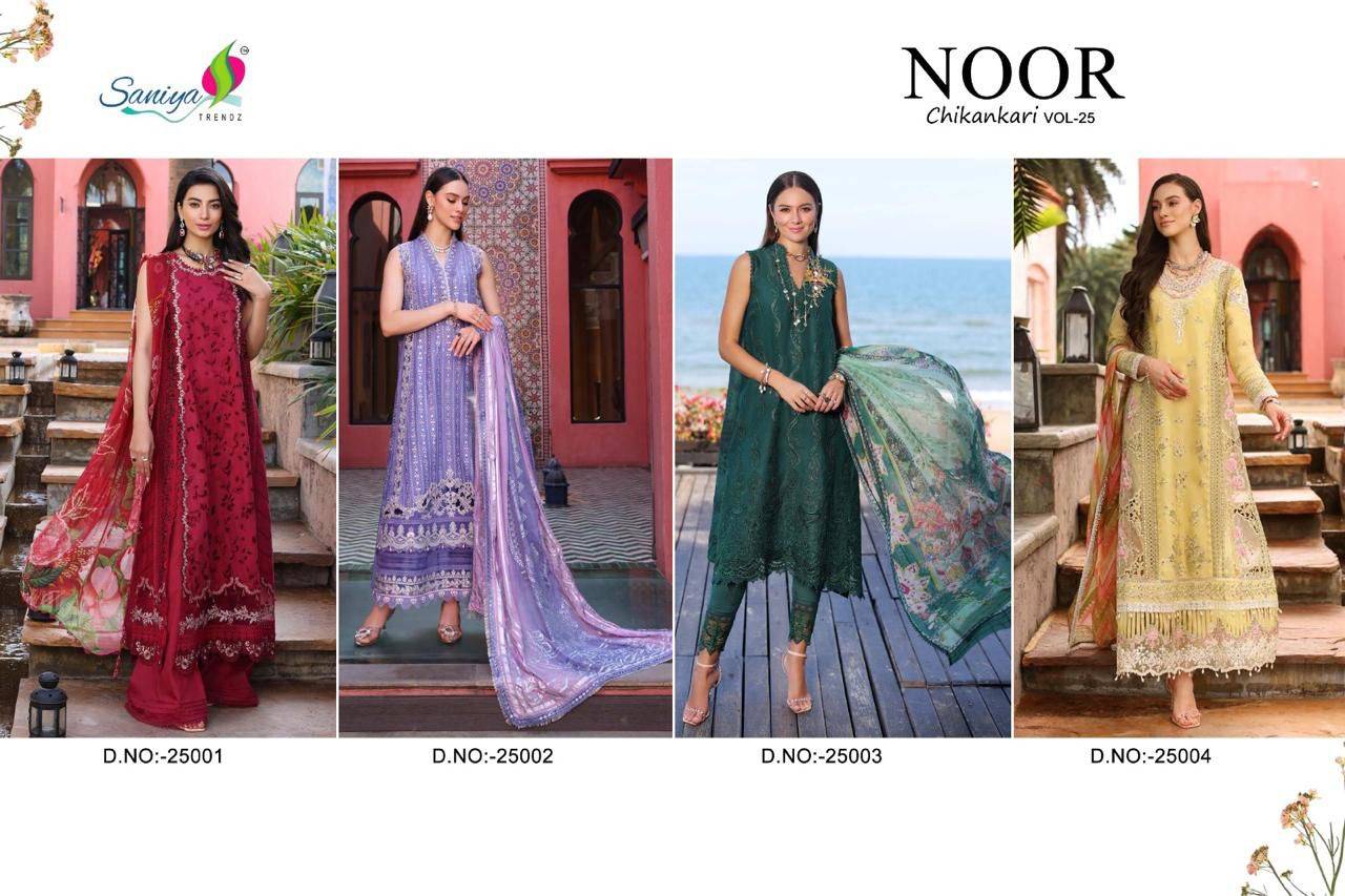 Noor Chikankari Vol-25 By Saniya Trendz 25001 To 25004 Series Designer Pakistani Suits Beautiful Fancy Stylish Colorful Party Wear & Occasional Wear Cotton Embroidered Dresses At Wholesale Price
