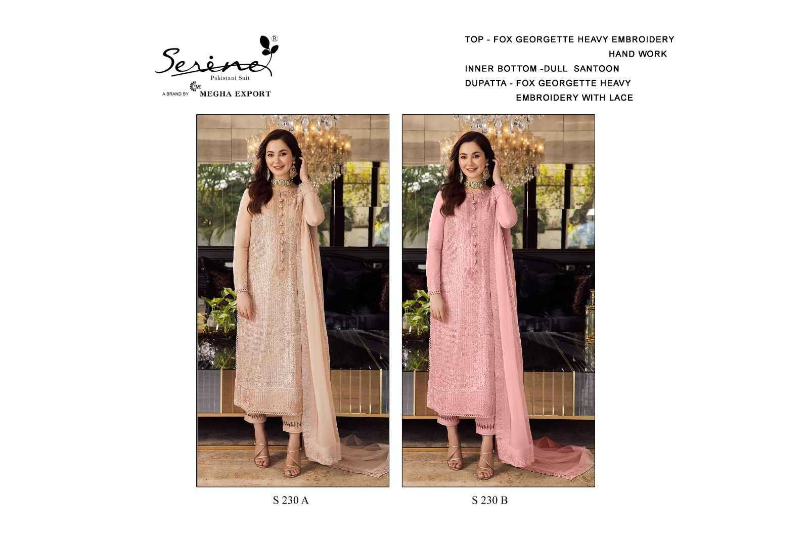 Serene Hit Design S-230 Colours By Serene S-230-A To S-230-B Series Designer Pakistani Suits Beautiful Fancy Colorful Stylish Party Wear & Occasional Wear Faux Georgette Embroidered Dresses At Wholesale Price