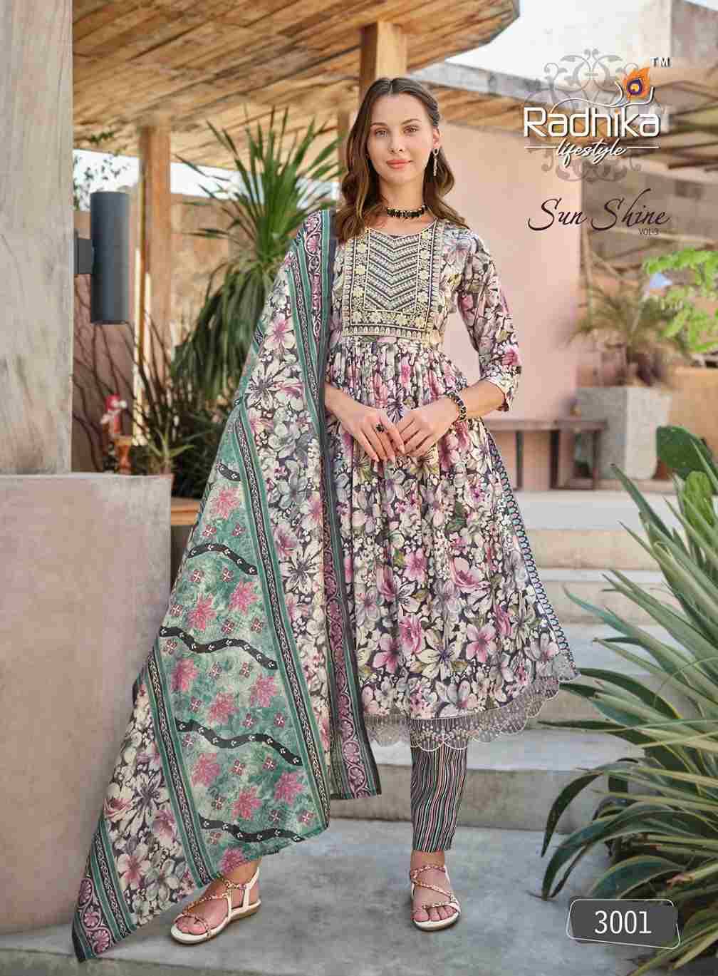 Sun Shine Vol-3 By Radhika Lifestyle 3001 To 3008 Series Beautiful Stylish Suits Fancy Colorful Casual Wear & Ethnic Wear & Ready To Wear Muslin Print Dresses At Wholesale Price