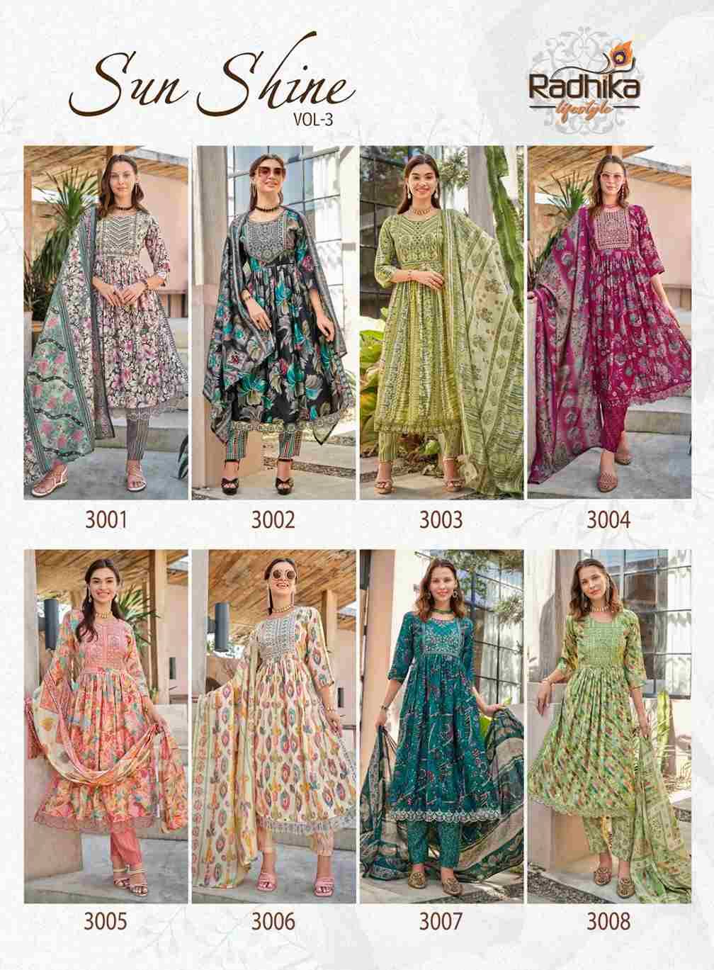 Sun Shine Vol-3 By Radhika Lifestyle 3001 To 3008 Series Beautiful Stylish Suits Fancy Colorful Casual Wear & Ethnic Wear & Ready To Wear Muslin Print Dresses At Wholesale Price