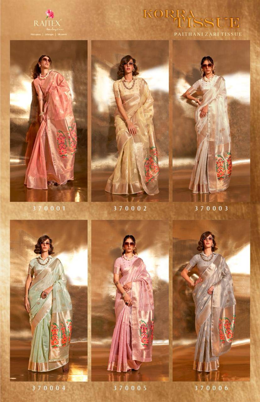 Korra Tissue By Raj Tex 370001 To 370006 Series Designer Traditional Wear Collection Beautiful Stylish Fancy Colorful Party Wear & Occasional Wear Handloom Paithani Sarees At Wholesale Price