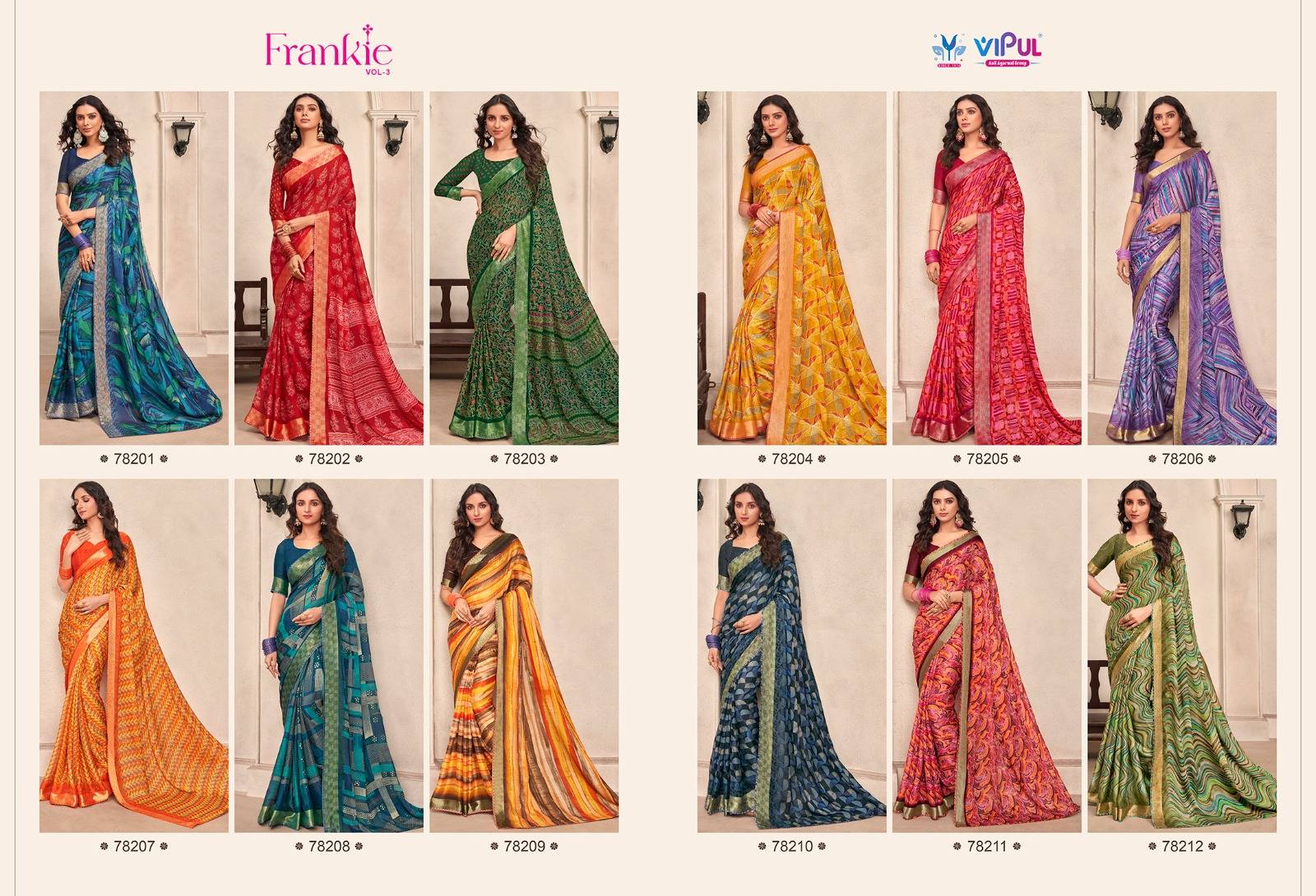 Frankie Vol-3 By Vipul Fashion 78201 To 78212 Series Indian Traditional Wear Collection Beautiful Stylish Fancy Colorful Party Wear & Occasional Wear Chiffon Sarees At Wholesale Price