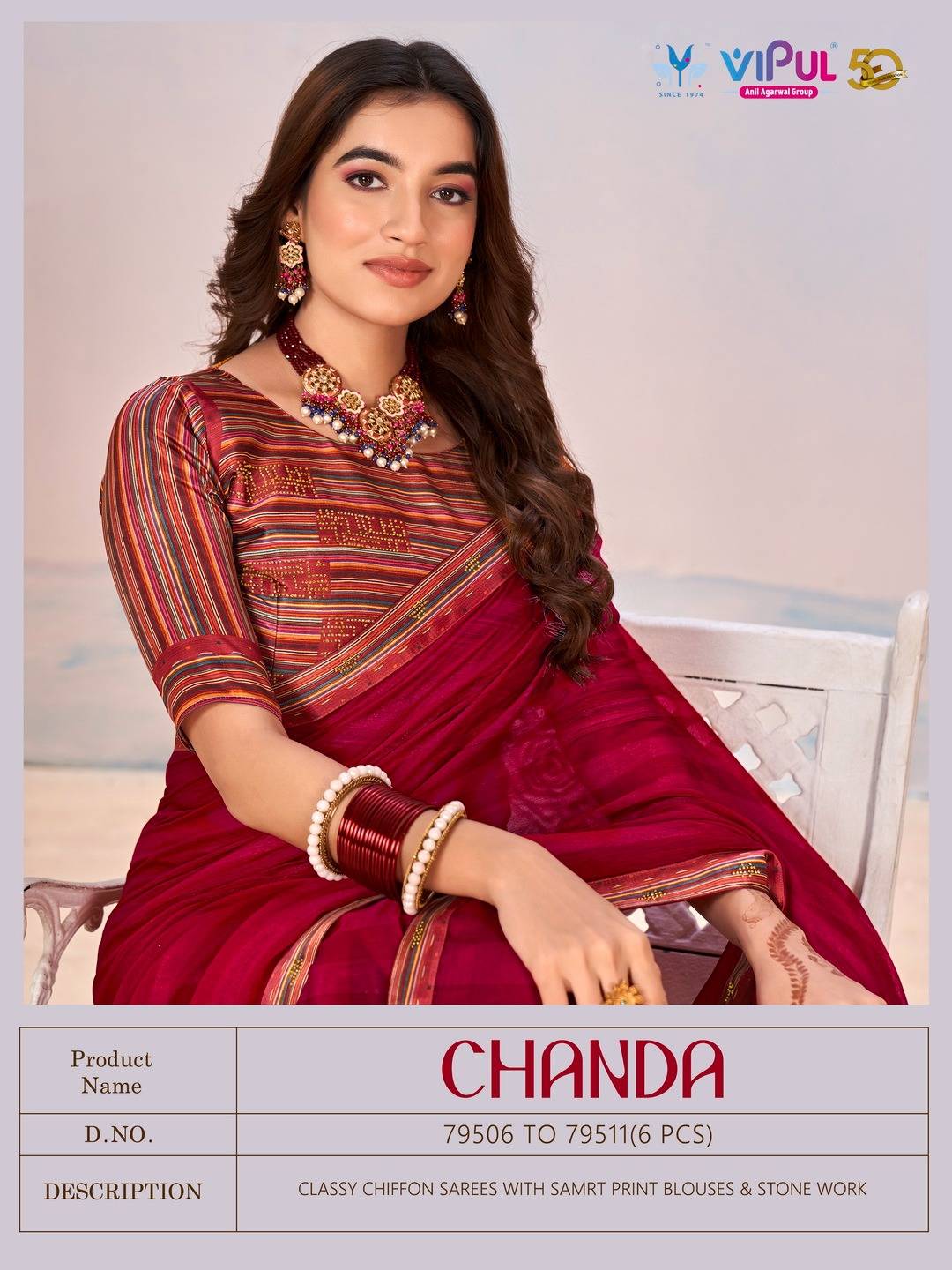 Chanda By Vipul Fashion 79506 To 79511 Series Indian Traditional Wear Collection Beautiful Stylish Fancy Colorful Party Wear & Occasional Wear Chiffon Sarees At Wholesale Price