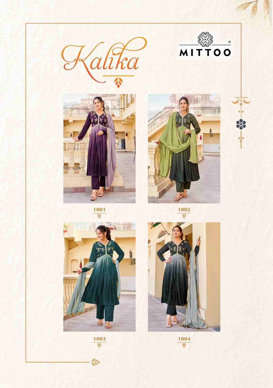 Kalika By Mittoo 1101 To 1004 Series Beautiful Stylish Festive Suits Fancy Colorful Casual Wear & Ethnic Wear & Ready To Wear Chinnon Embroidered Dresses At Wholesale Price