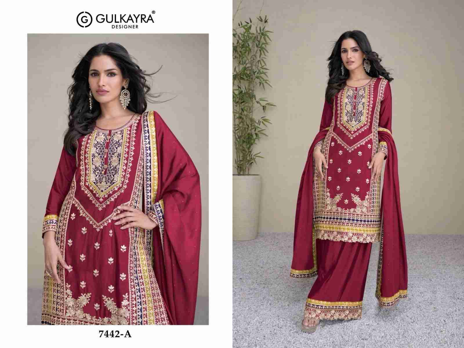 Amayra By Gulkayra Designer 7442-A To 7442-C Series Beautiful Colorful Stylish Fancy Casual Wear & Ethnic Wear Chinnon Embroidered Dresses At Wholesale Price