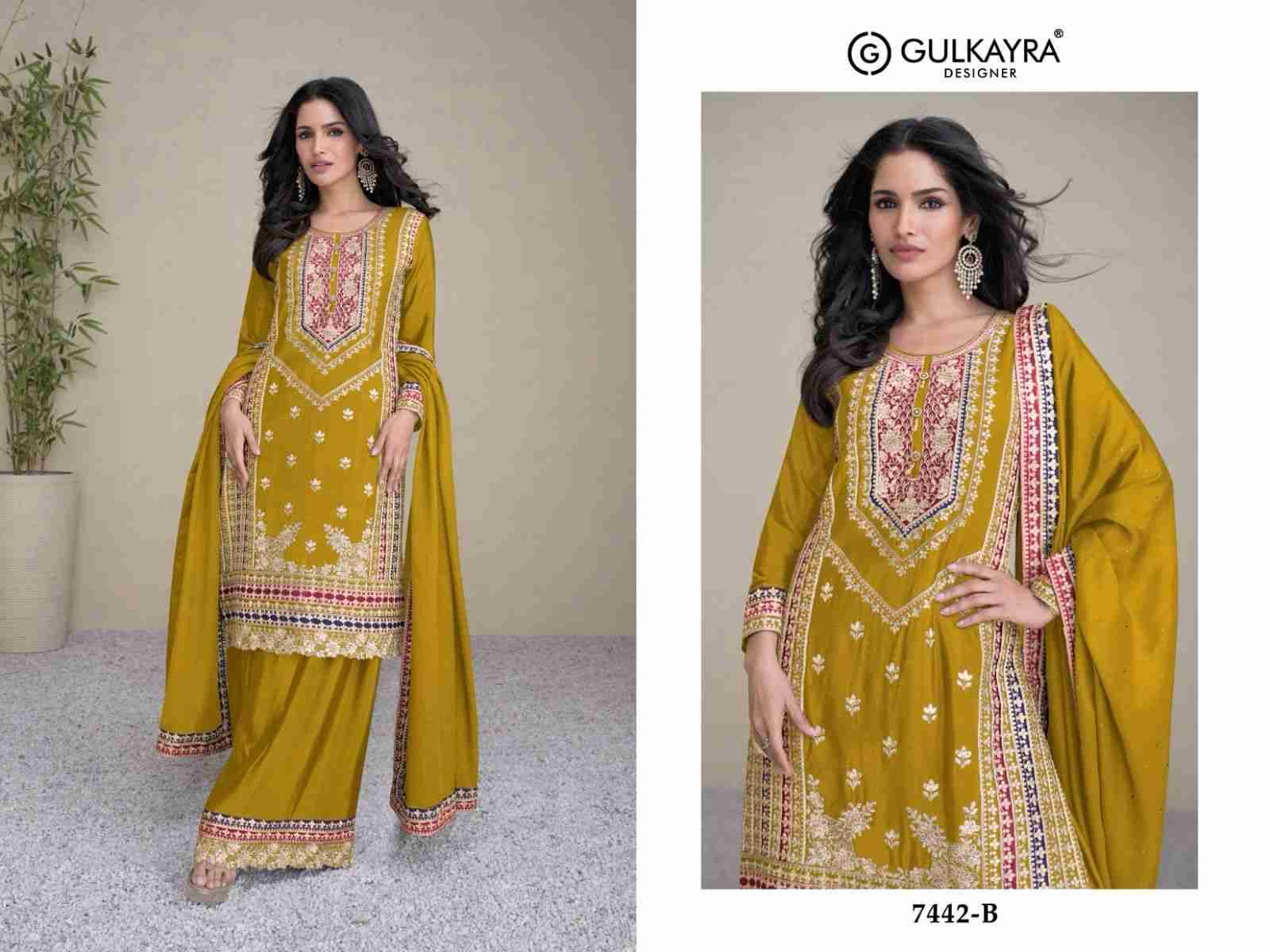 Amayra By Gulkayra Designer 7442-A To 7442-C Series Beautiful Colorful Stylish Fancy Casual Wear & Ethnic Wear Chinnon Embroidered Dresses At Wholesale Price
