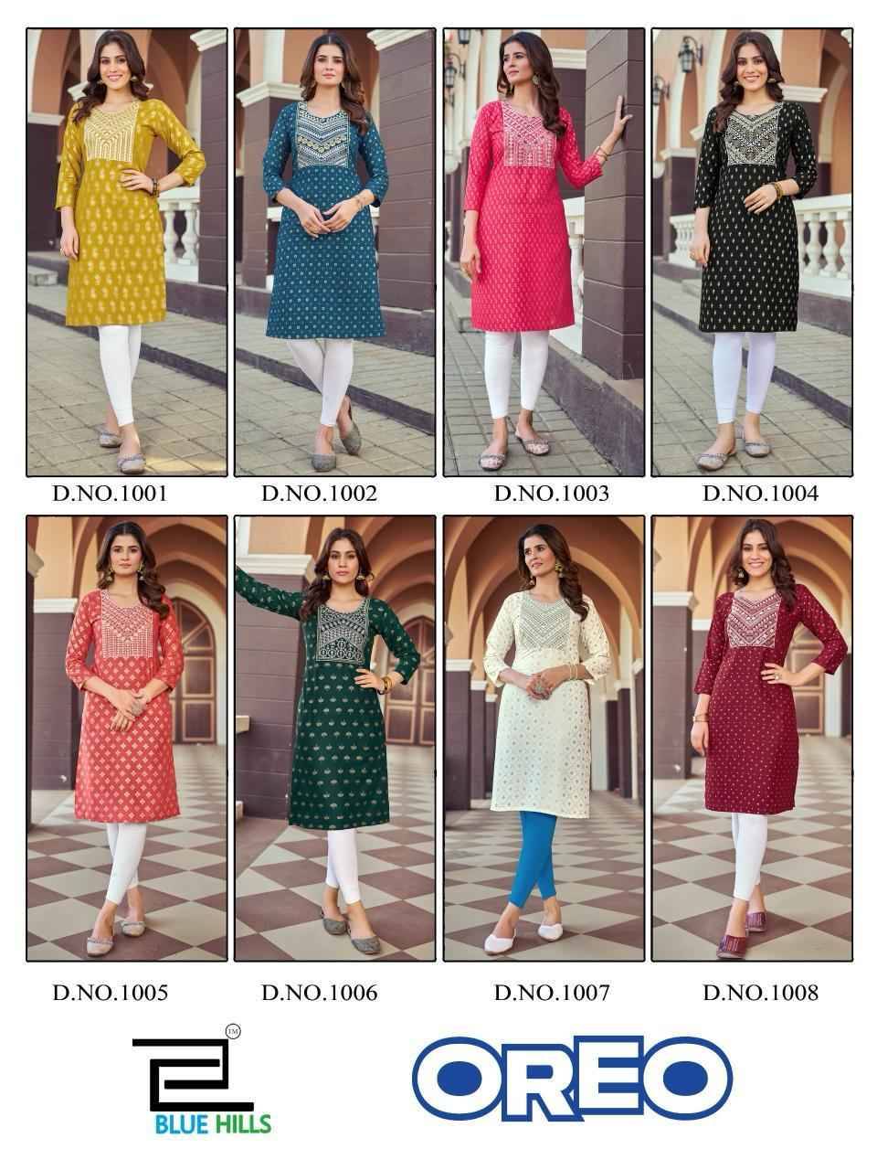 Oreo By Blue Hills 1001 To 1008 Series Designer Stylish Fancy Colorful Beautiful Party Wear & Ethnic Wear Collection Heavy Rayon Foil Kurtis At Wholesale Price