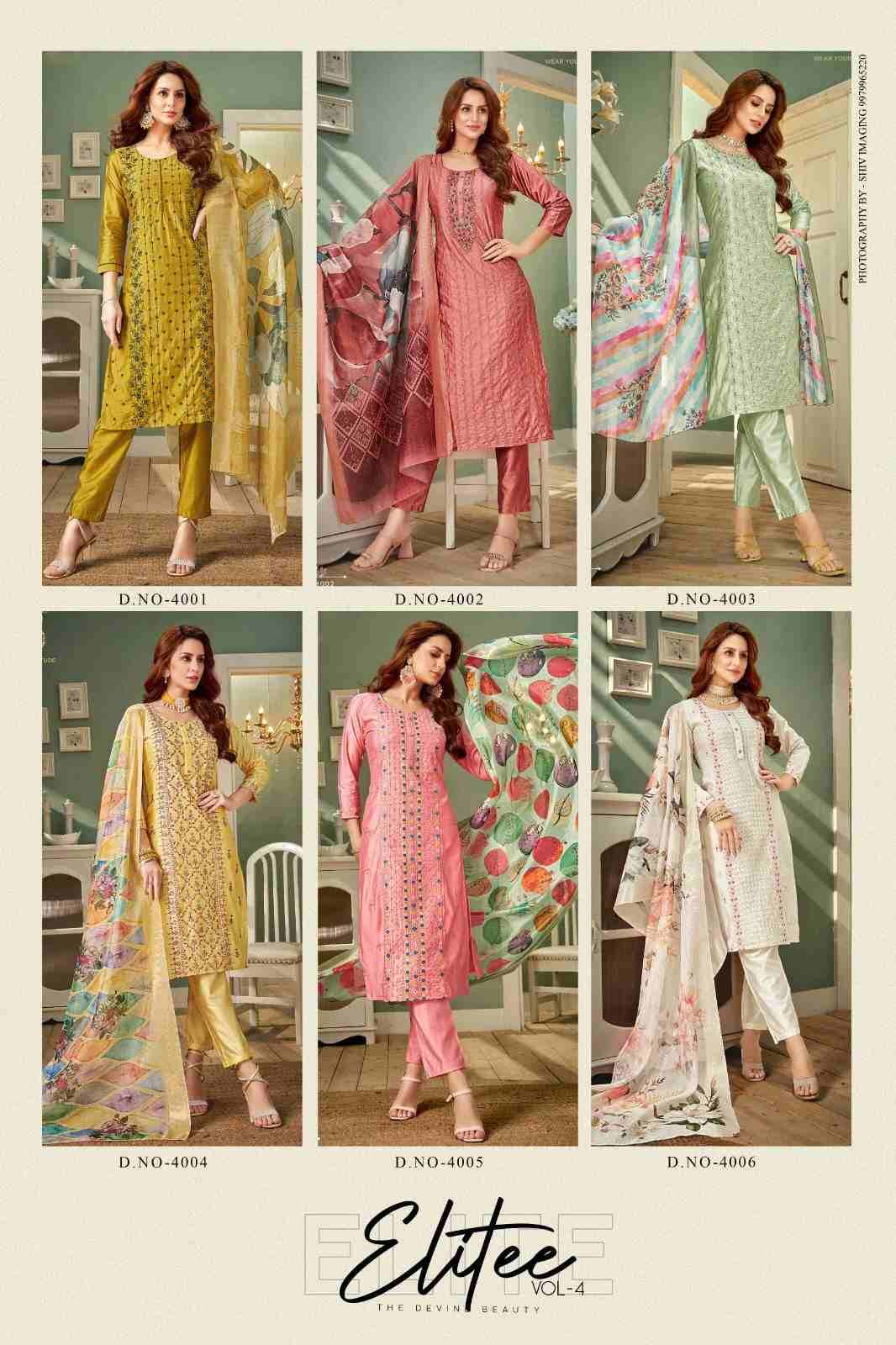 Elite Vol-4 By 18 Attitude 4001 To 4006 Series Beautiful Stylish Festive Suits Fancy Colorful Casual Wear & Ethnic Wear & Ready To Wear Viscose Dresses At Wholesale Price