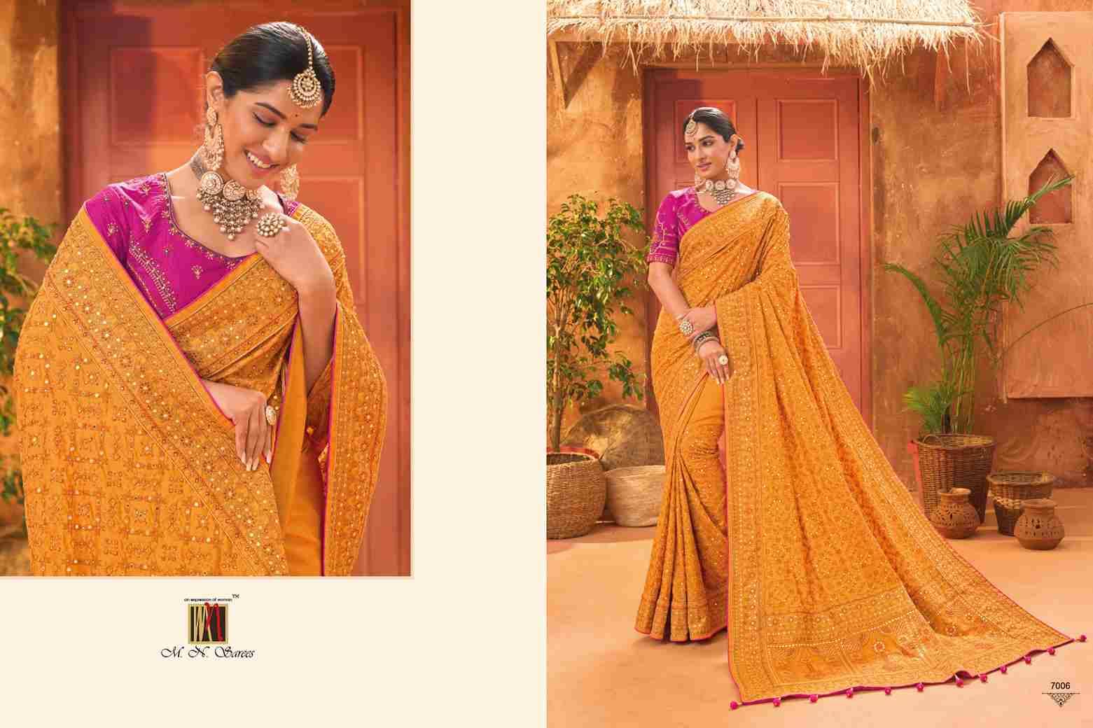 Kacchhi Work Vol-5 By M.N. Sarees 7001 To 7008 Series Indian Traditional Wear Collection Beautiful Stylish Fancy Colorful Party Wear & Occasional Wear Banaras Silk Sarees At Wholesale Price