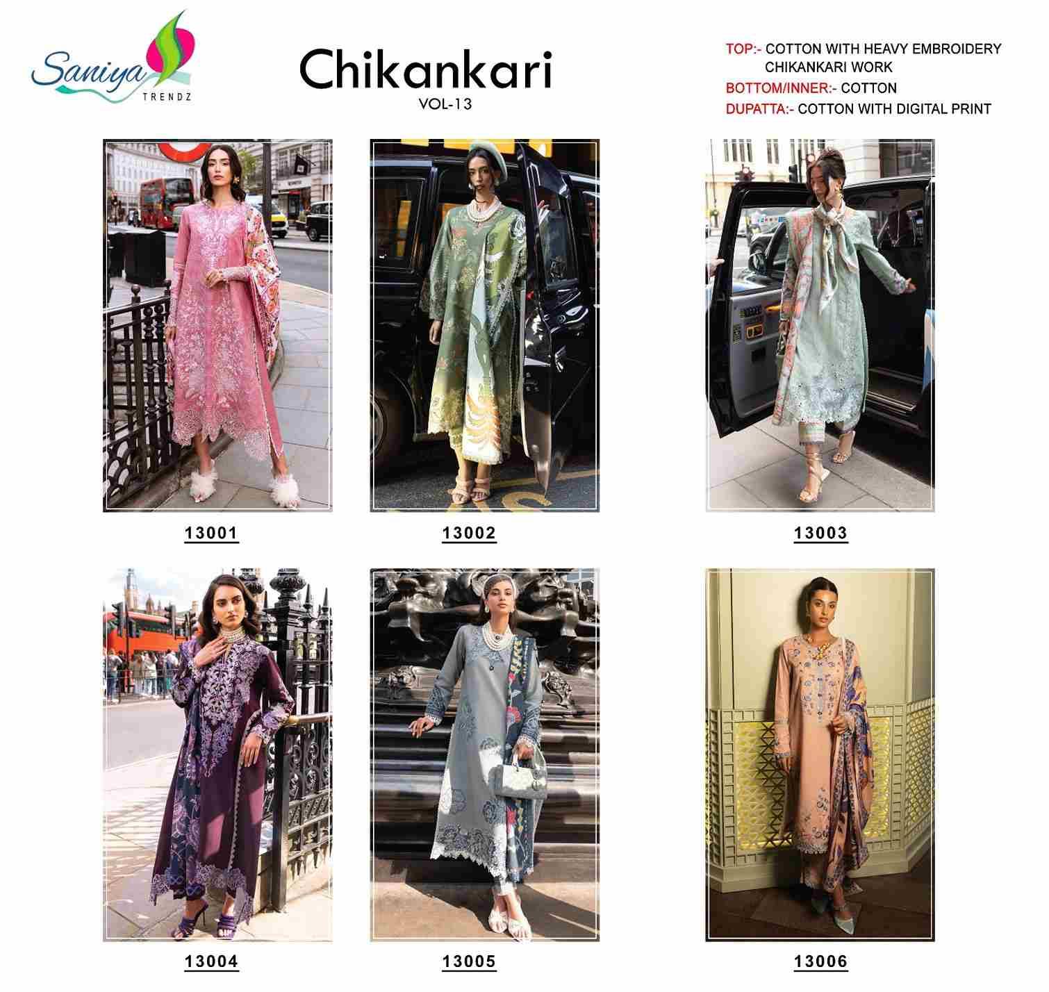 Chikankari Vol-13 By Saniya Trendz 13001 To 13006 Series Designer Pakistani Suits Beautiful Fancy Stylish Colorful Party Wear & Occasional Wear Cotton Embroidered Dresses At Wholesale Price