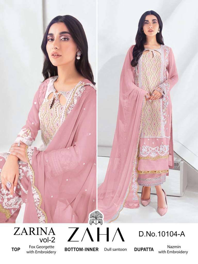 Zarina Vol-2 By Zaha 10104-A To 10104-D Series Beautiful Pakistani Suits Colorful Stylish Fancy Casual Wear & Ethnic Wear Faux Georgette Embroidered Dresses At Wholesale Price