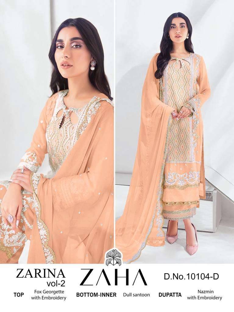 Zarina Vol-2 By Zaha 10104-A To 10104-D Series Beautiful Pakistani Suits Colorful Stylish Fancy Casual Wear & Ethnic Wear Faux Georgette Embroidered Dresses At Wholesale Price