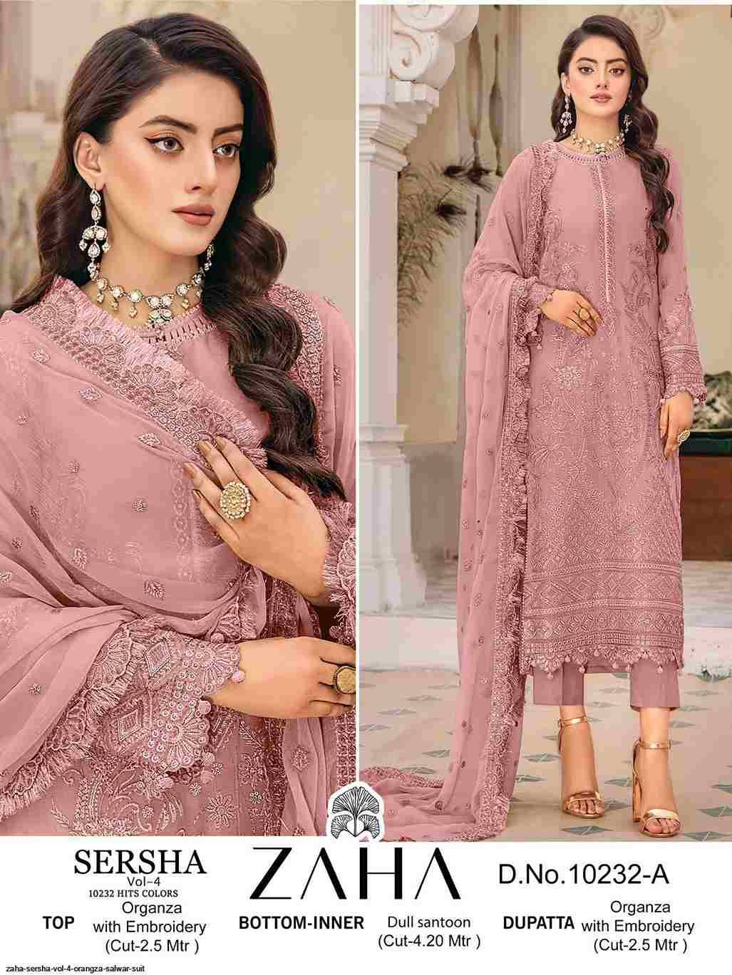 Sersha Vol-4 By Zaha 10232-A To 10232-D Series Designer Pakistani Suits Beautiful Fancy Stylish Colorful Party Wear & Occasional Wear Organza With Embroidery Dresses At Wholesale Price