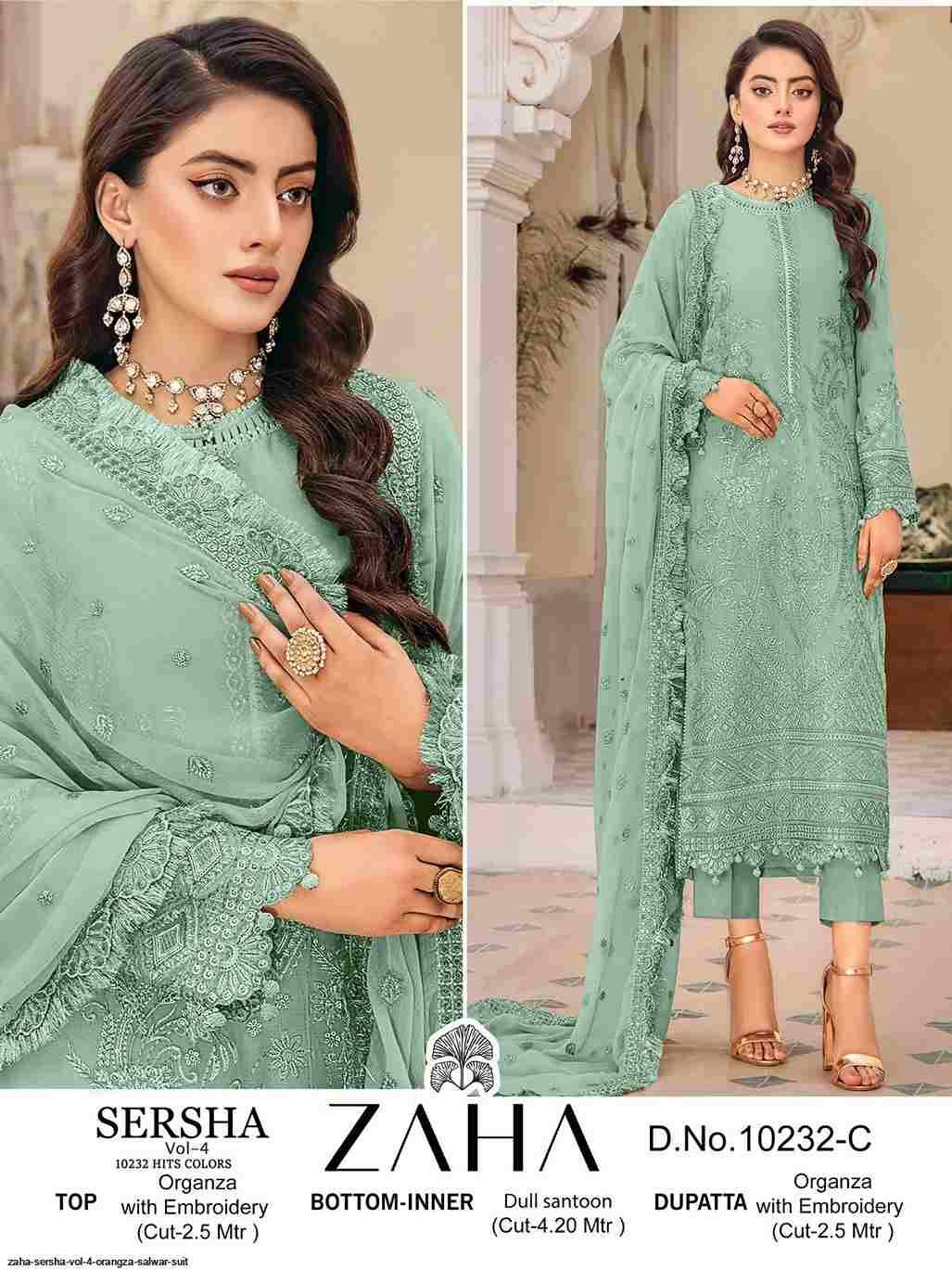 Sersha Vol-4 By Zaha 10232-A To 10232-D Series Designer Pakistani Suits Beautiful Fancy Stylish Colorful Party Wear & Occasional Wear Organza With Embroidery Dresses At Wholesale Price
