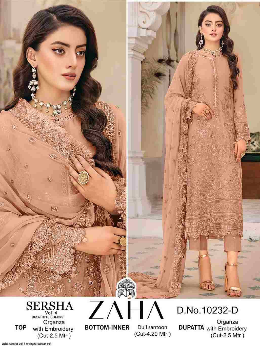 Sersha Vol-4 By Zaha 10232-A To 10232-D Series Designer Pakistani Suits Beautiful Fancy Stylish Colorful Party Wear & Occasional Wear Organza With Embroidery Dresses At Wholesale Price