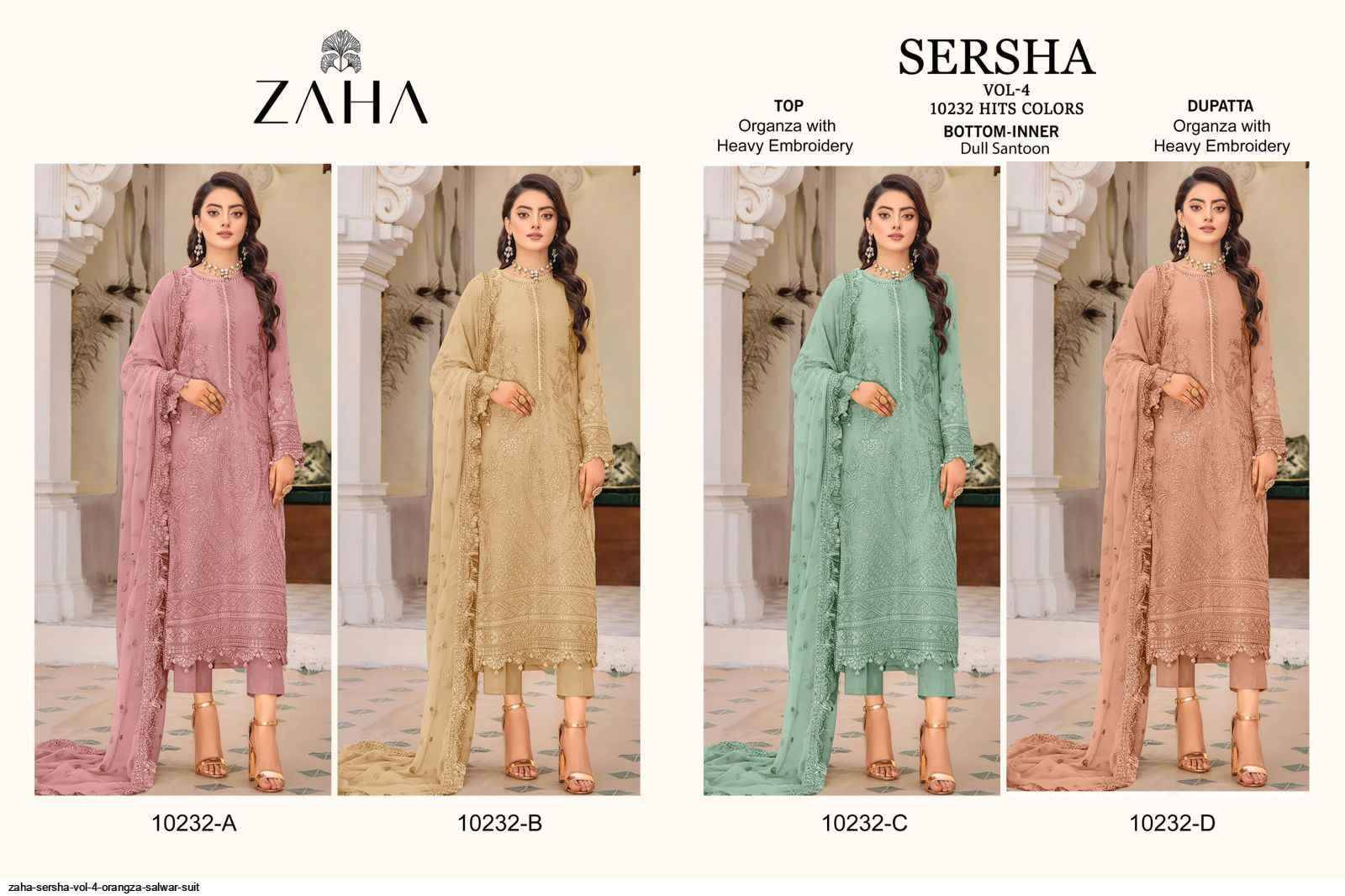 Sersha Vol-4 By Zaha 10232-A To 10232-D Series Designer Pakistani Suits Beautiful Fancy Stylish Colorful Party Wear & Occasional Wear Organza With Embroidery Dresses At Wholesale Price