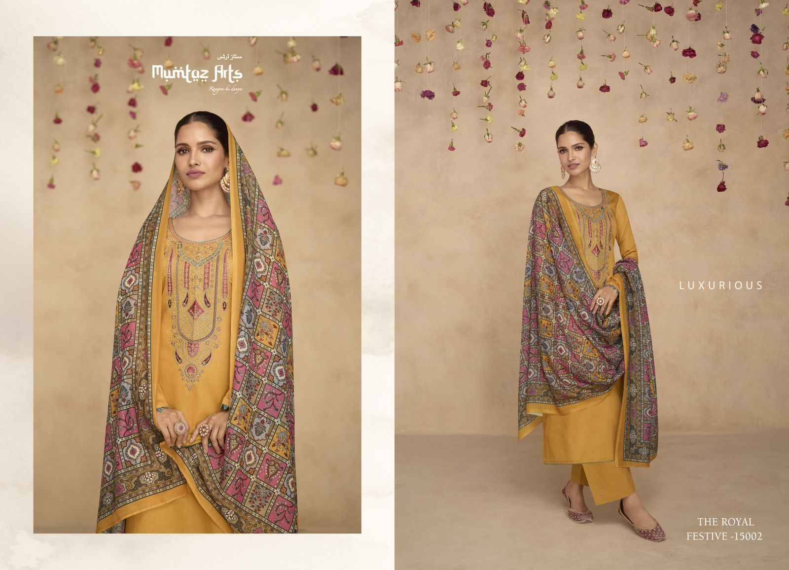 The Royal Festive By Mumtaz Arts 15001 To 15007 Series Beautiful Festive Suits Colorful Stylish Fancy Casual Wear & Ethnic Wear Pure Jam Satin Print With Work Dresses At Wholesale Price