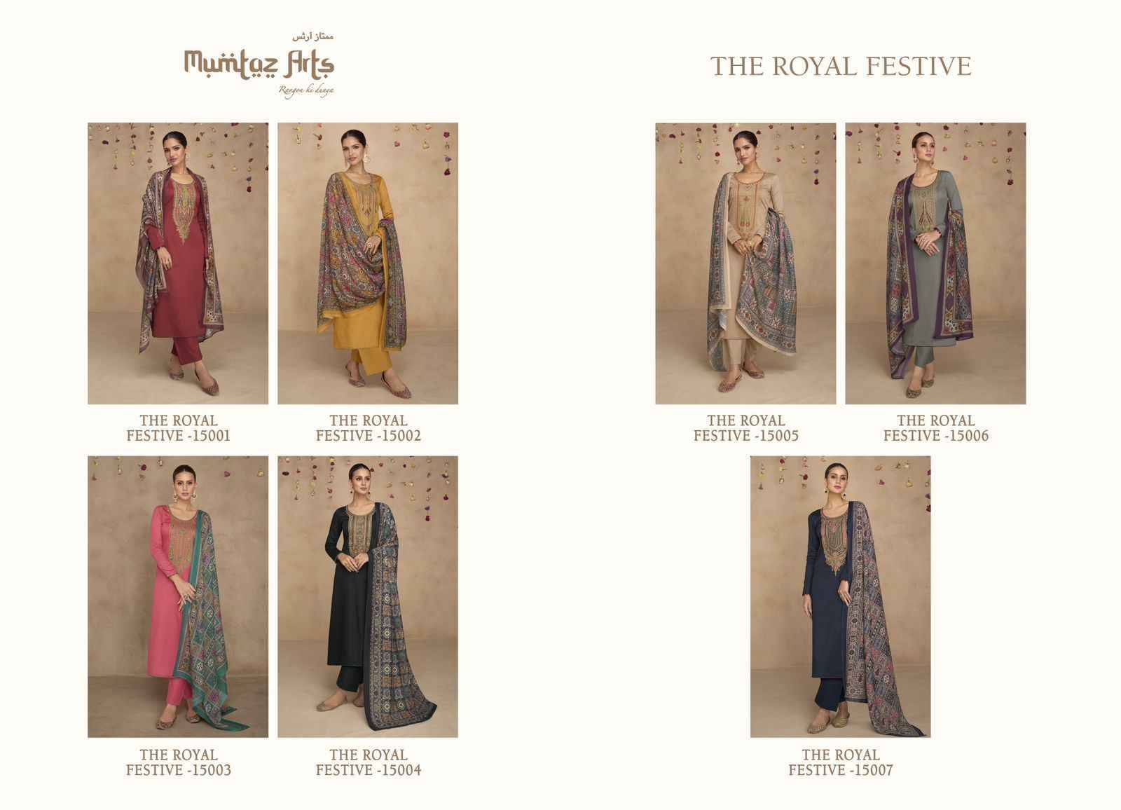 The Royal Festive By Mumtaz Arts 15001 To 15007 Series Beautiful Festive Suits Colorful Stylish Fancy Casual Wear & Ethnic Wear Pure Jam Satin Print With Work Dresses At Wholesale Price