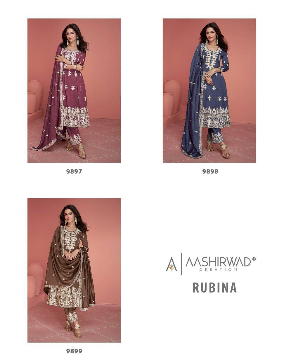 Rubina By Aashirwad Creation 9897 To 9899 Series Designer Festive Suits Collection Beautiful Stylish Fancy Colorful Party Wear & Occasional Wear Premium Silk Dresses At Wholesale Price