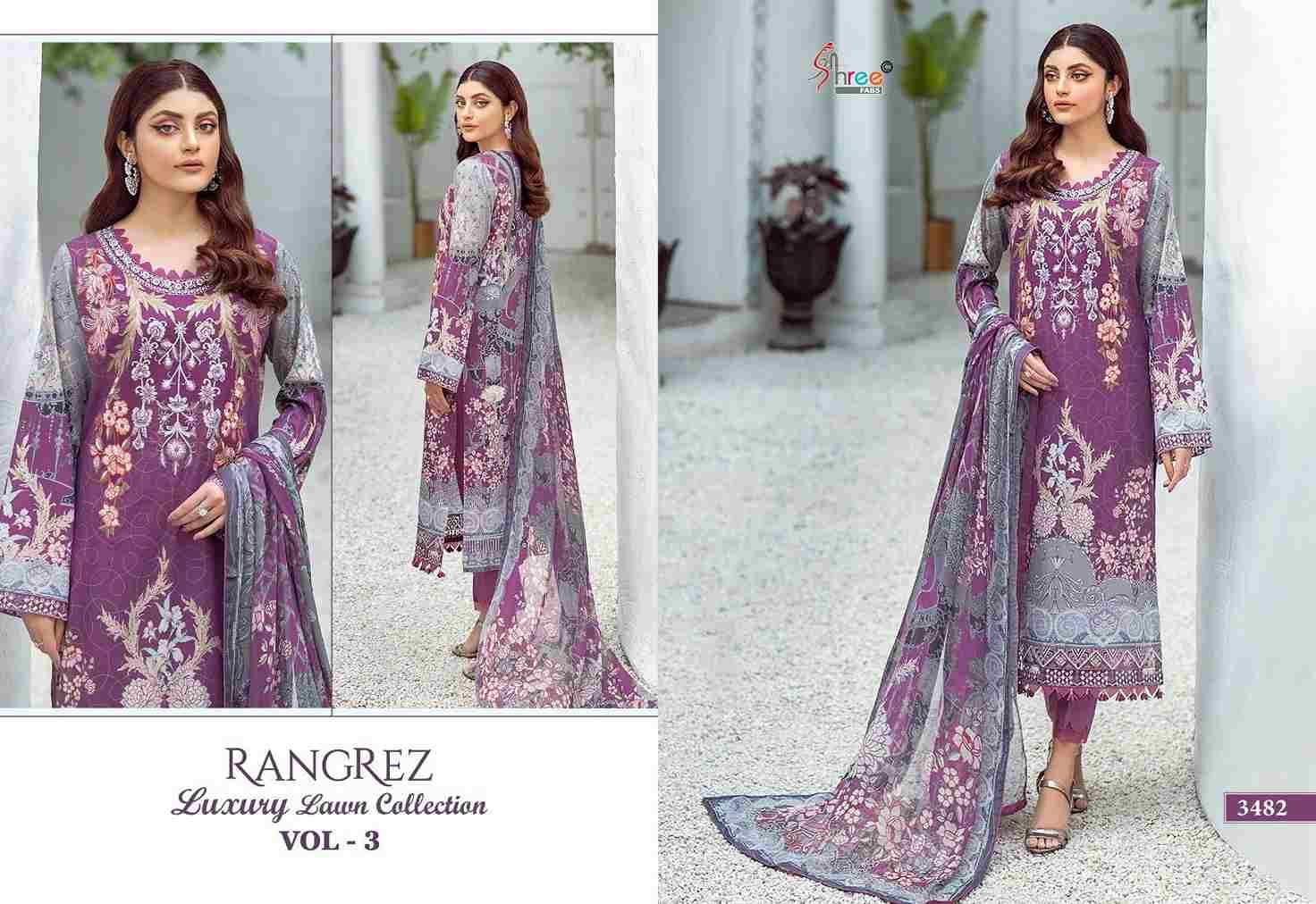 Rangrez Luxury Lawn Collection Vol-3 By Shree Fabs 3482 To 3485 Series Beautiful Pakistani Suits Colorful Stylish Fancy Casual Wear Pure Lawn Cotton Print With Work Dresses At Wholesale Price