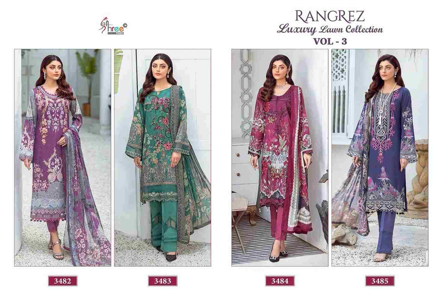 Rangrez Luxury Lawn Collection Vol-3 By Shree Fabs 3482 To 3485 Series Beautiful Pakistani Suits Colorful Stylish Fancy Casual Wear Pure Lawn Cotton Print With Work Dresses At Wholesale Price