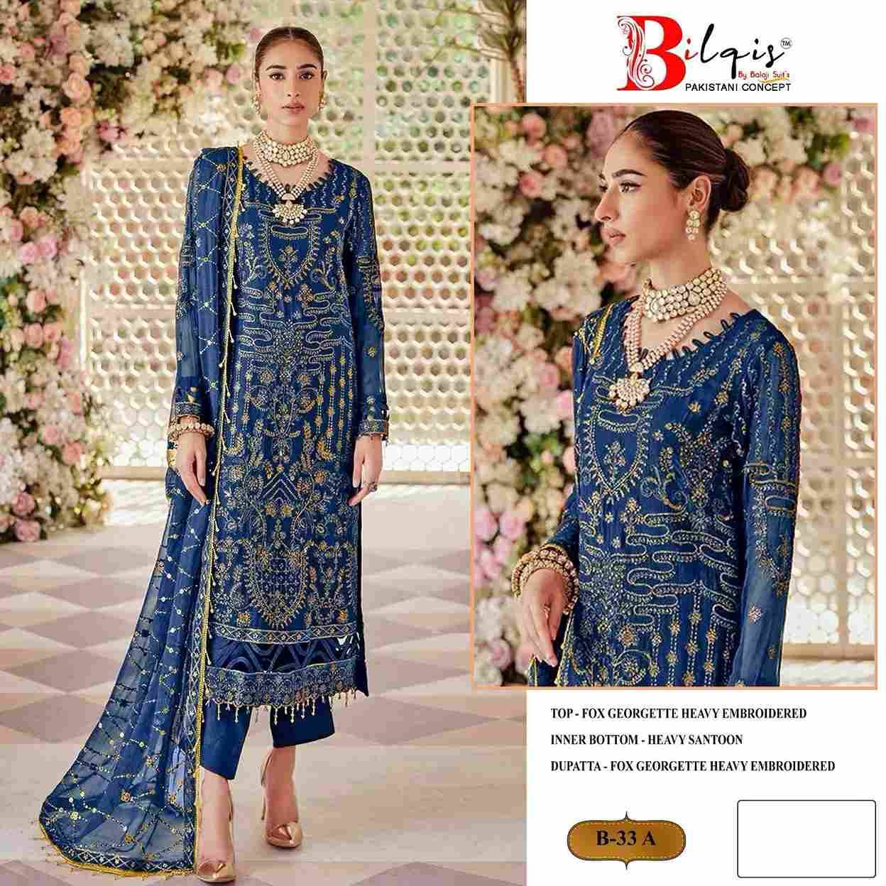 Bilqis 33 Colours By Bilqis 33-A To 33-D Series Beautiful Pakistani Suits Stylish Fancy Colorful Party Wear & Occasional Wear Faux Georgette Embroidery Dresses At Wholesale Price