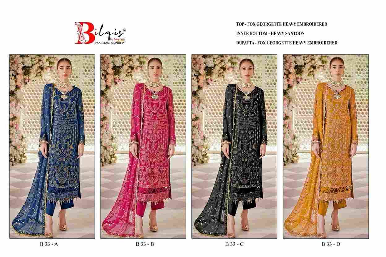 Bilqis 33 Colours By Bilqis 33-A To 33-D Series Beautiful Pakistani Suits Stylish Fancy Colorful Party Wear & Occasional Wear Faux Georgette Embroidery Dresses At Wholesale Price