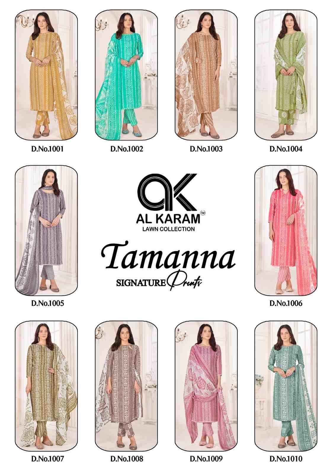Tamanna By Al Karam Lawn Collection 1001 To 1010 Series Beautiful Festive Suits Stylish Fancy Colorful Casual Wear & Ethnic Wear Pure Cotton Print Dresses At Wholesale Price
