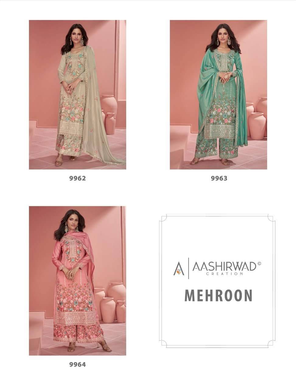 Mehroon By Aashirwad Creation 9962 To 9964 Series Beautiful Festive Suits Colorful Stylish Fancy Casual Wear & Ethnic Wear Organza Silk Dresses At Wholesale Price
