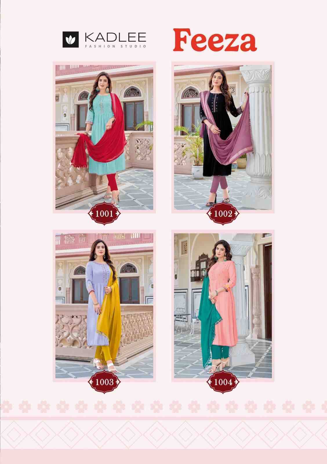 Feeza By Kadlee 1001 To 1004 Series Beautiful Stylish Suits Fancy Colorful Casual Wear & Ethnic Wear & Ready To Wear Rayon Dresses At Wholesale Price