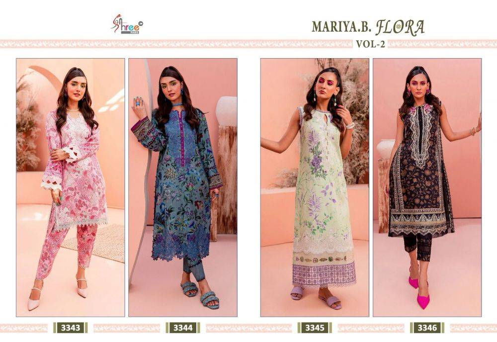 Mariya.B. Flora Vol-2 By Shree Fabs 3343 To 3346 Series Beautiful Pakistani Suits Stylish Fancy Colorful Party Wear & Occasional Wear Pure Jam Cotton Print With Embroidery Dresses At Wholesale Price