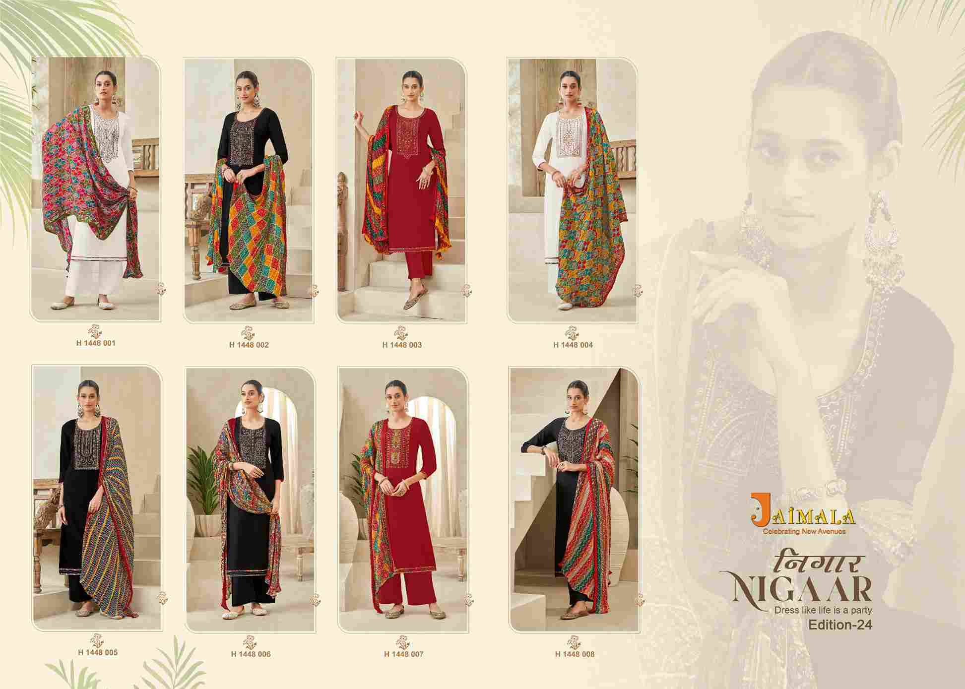 Nigaar Vol-24 By Jaimala 1448-001 To 1448-008 Series Beautiful Festive Suits Colorful Stylish Fancy Casual Wear & Ethnic Wear Pure Rayon Slub With Work Dresses At Wholesale Price
