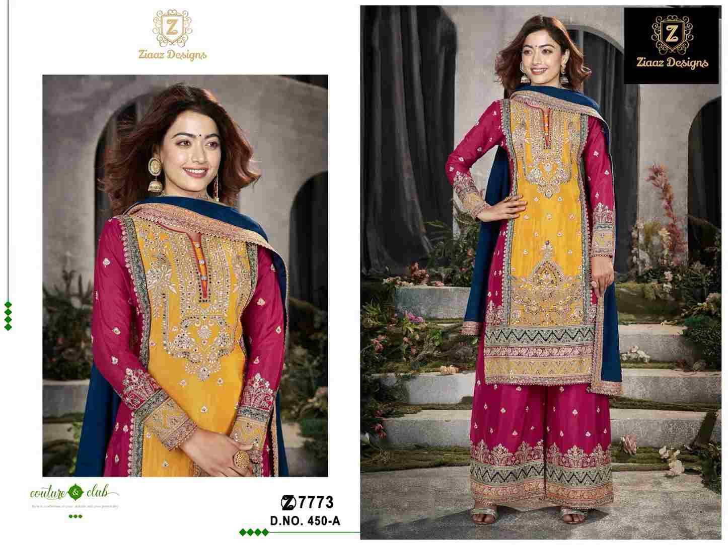 Ziaaz Designs Hit Design 450 Colours By Ziaaz Designs 450-A To 450-C Series Designer Pakistani Suits Collection Beautiful Stylish Fancy Colorful Party Wear & Occasional Wear Chinnon Embroidered Dresses At Wholesale Price