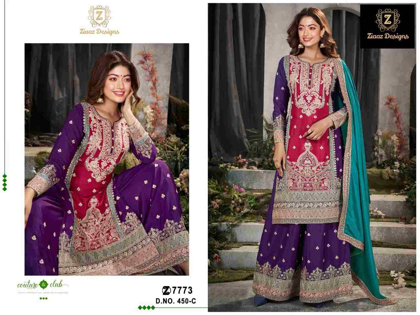Ziaaz Designs Hit Design 450 Colours By Ziaaz Designs 450-A To 450-C Series Designer Pakistani Suits Collection Beautiful Stylish Fancy Colorful Party Wear & Occasional Wear Chinnon Embroidered Dresses At Wholesale Price