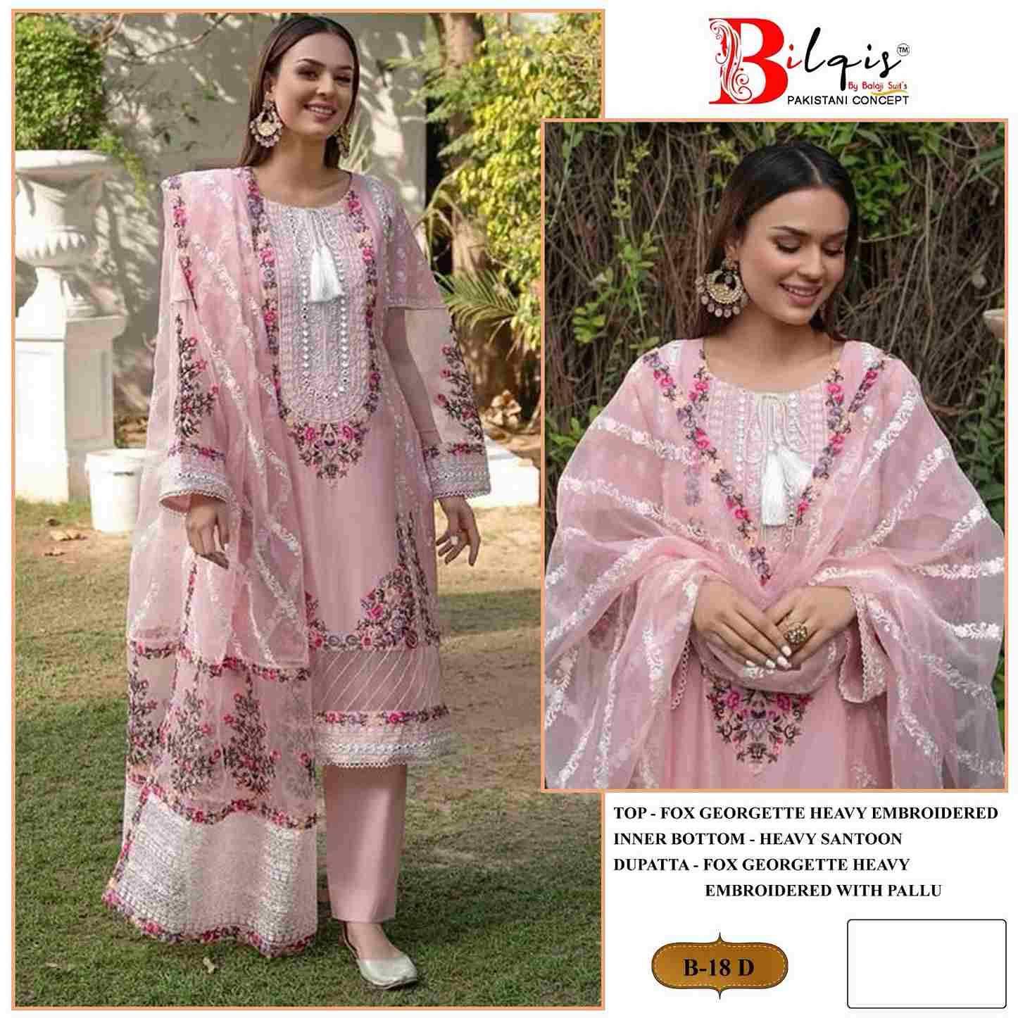 Bilqis 18 Colours By Bilqis 18-A To 18-D Series Beautiful Pakistani Suits Stylish Fancy Colorful Party Wear & Occasional Wear Faux Georgette Embroidery Dresses At Wholesale Price
