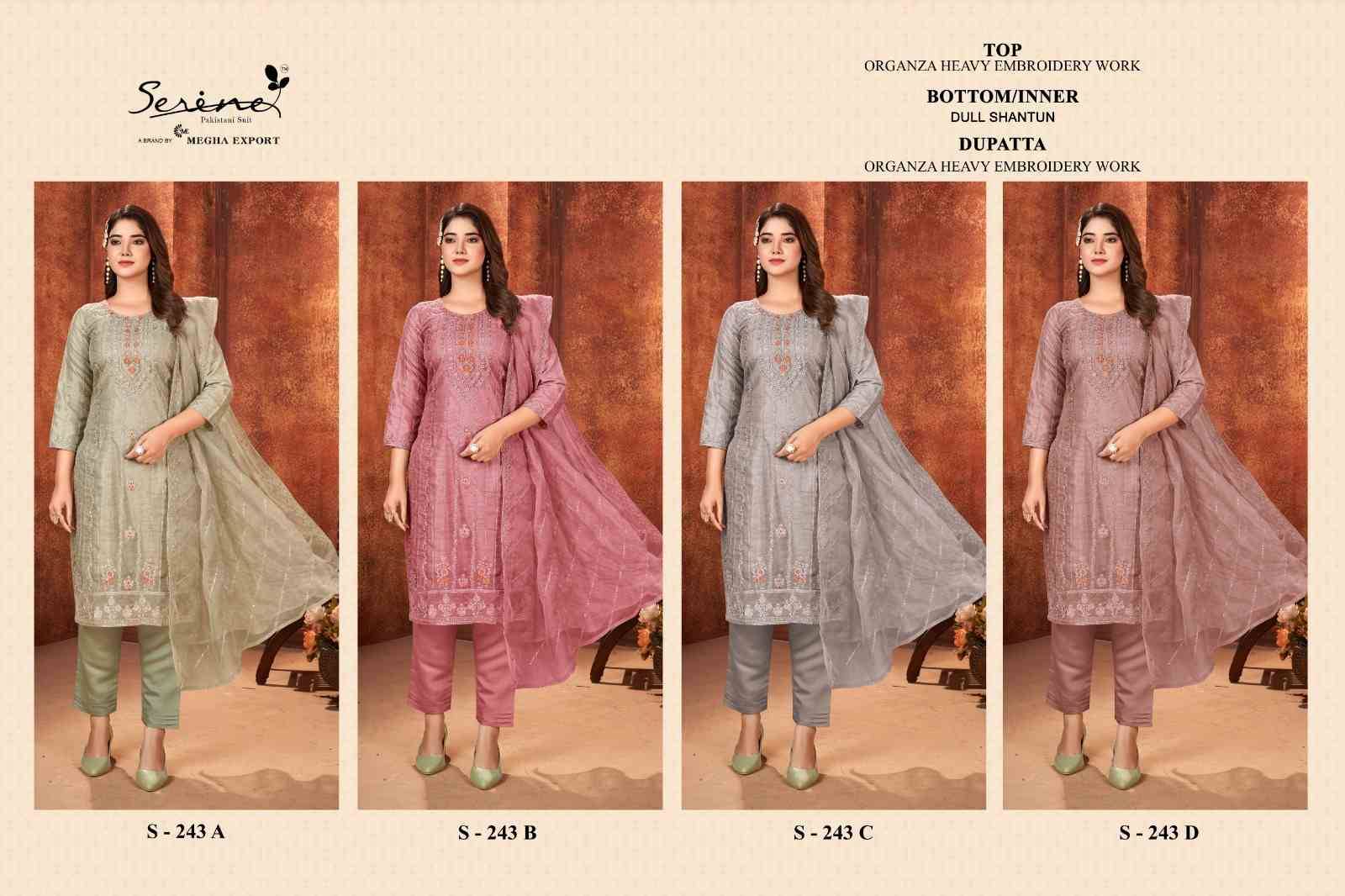 Serene Hit Design S-243 Colours By Serene S-243-A To S-243-D Series Designer Pakistani Suits Beautiful Fancy Colorful Stylish Party Wear & Occasional Wear Organza Embroidered Dresses At Wholesale Price
