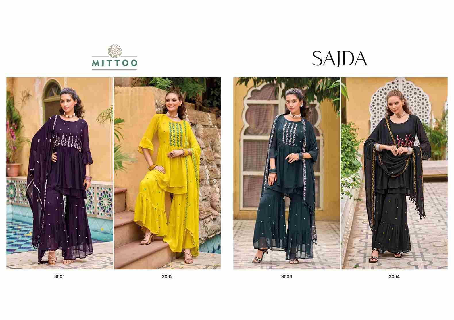 Sajda By Mittoo 3001 To 3004 Series Beautiful Sharara Suits Colorful Stylish Fancy Casual Wear & Ethnic Wear Pure Georgette Dresses At Wholesale Price