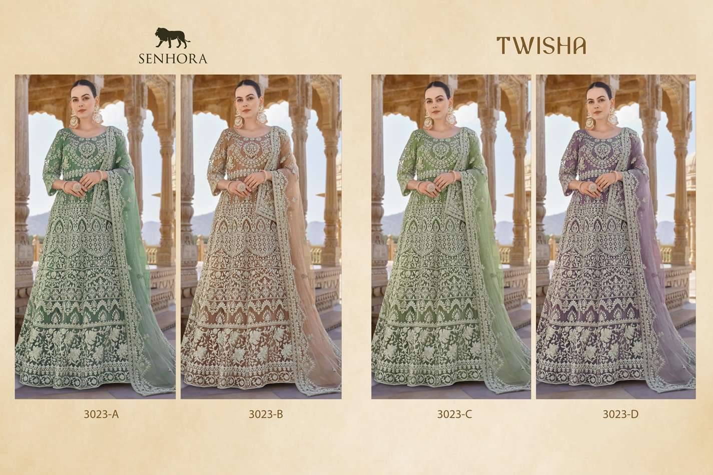 Twisha By Senhora Dresses 3023-A To 3023-D Series Designer Anarkali Suits Collection Beautiful Stylish Fancy Colorful Party Wear & Occasional Wear Pure Net Dresses At Wholesale Price
