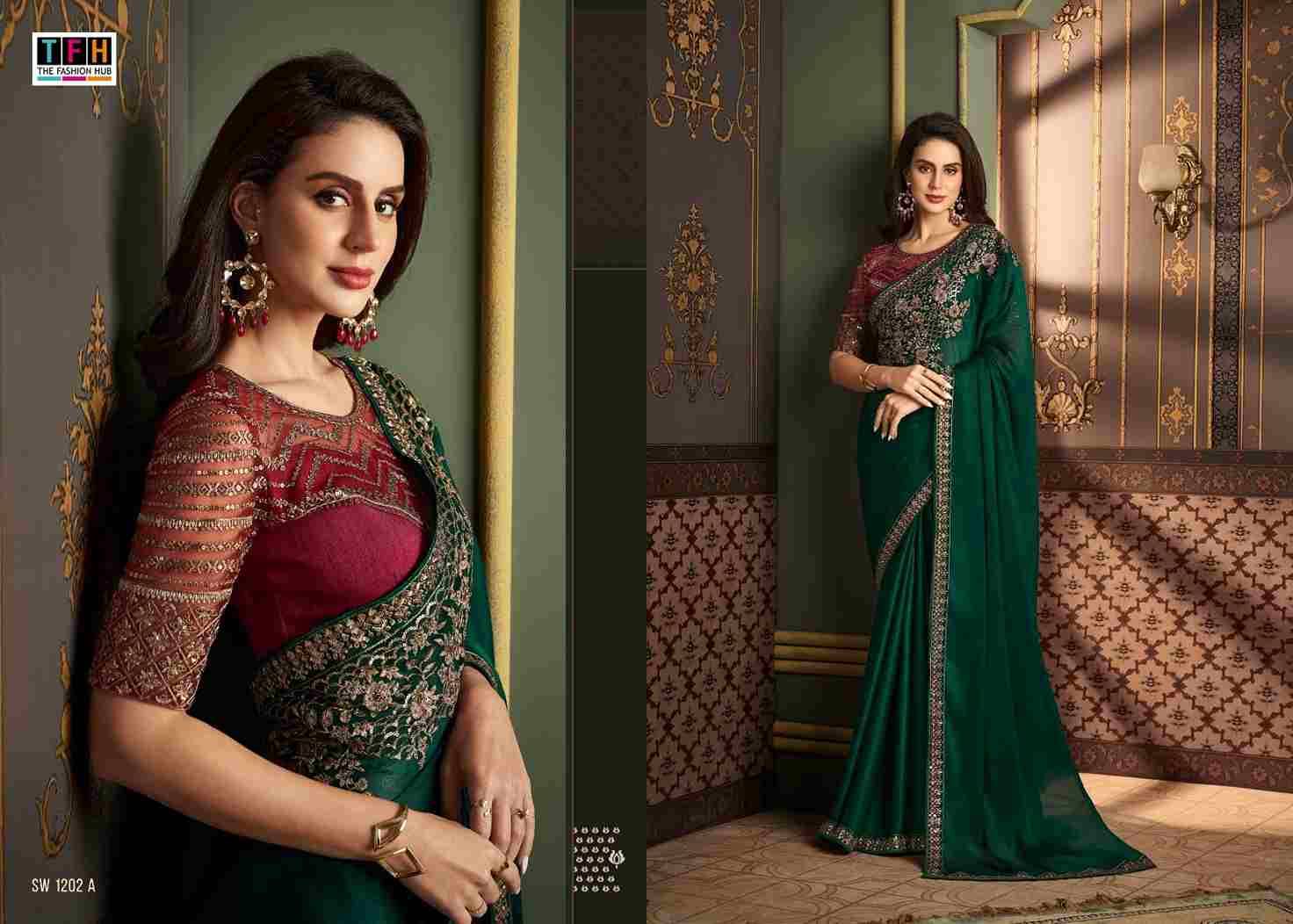Sandalwood 1202 Colours By TFH 1202-A To 1202-F Series Indian Traditional Wear Collection Beautiful Stylish Fancy Colorful Party Wear & Occasional Wear Silk Sarees At Wholesale Price