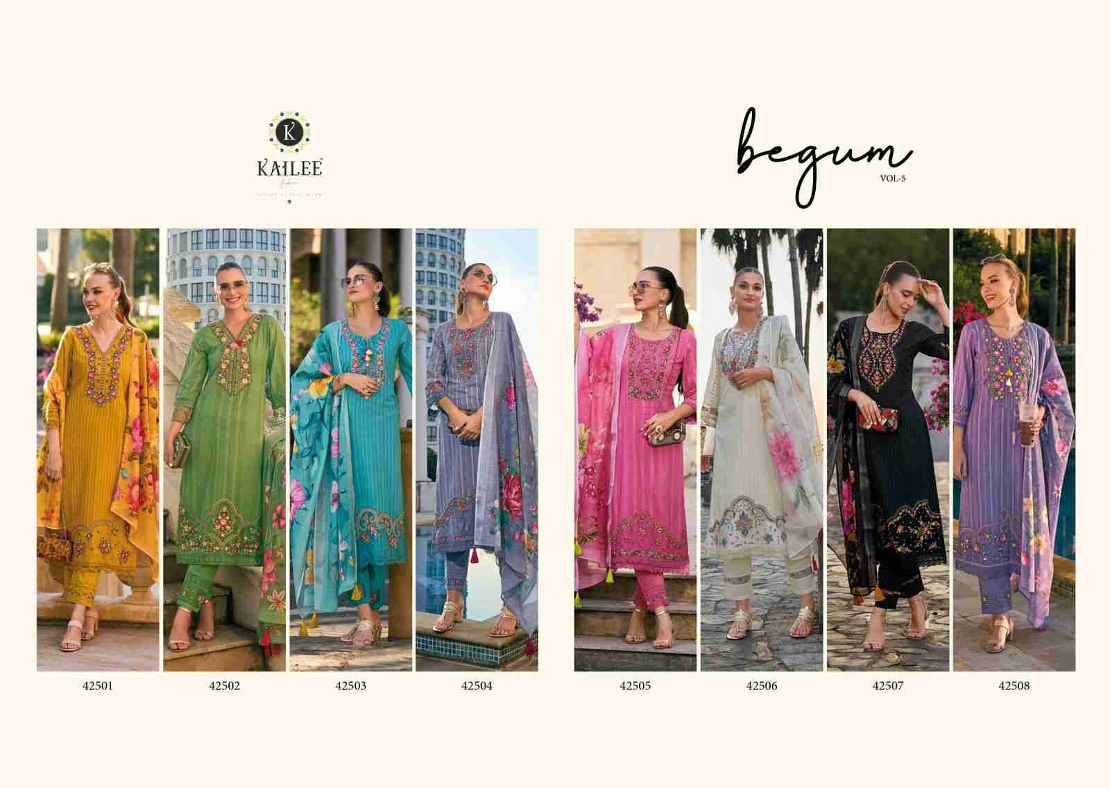 Begum Vol-5 By Kailee 45201 To 45208 Series Festive Suits Beautiful Fancy Colorful Stylish Party Wear & Occasional Wear Pure Cotton With Work Dresses At Wholesale Price